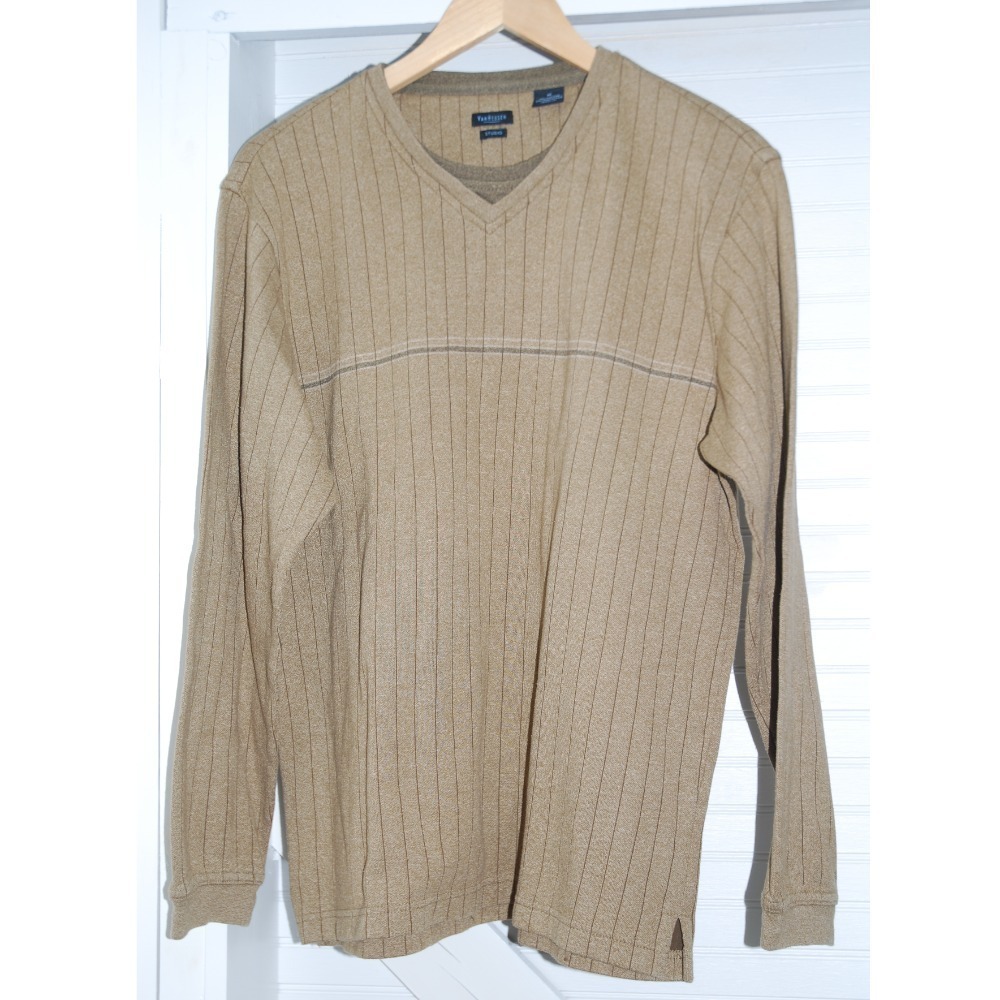 Vintage v-neck sweater Mens medium Van Heusen tan striped‎ Grandpa 90s UNISEX